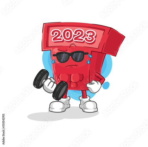 new year 2023 lifting dumbbell vector. cartoon character