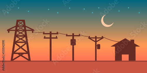 Electric poles voltage power transmit electricity to city home with crescent moon and stars in evening twitlight dusk background silhouette flat vector design.