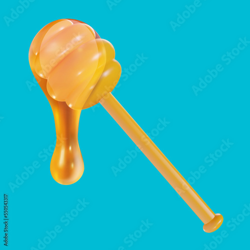 3d cartoon liquid honey dripping from yellow stick in vector realistic funny style. Cute art element. Funny plasticine or glossy clay design object. Sweet colorful illustration on minimal background.