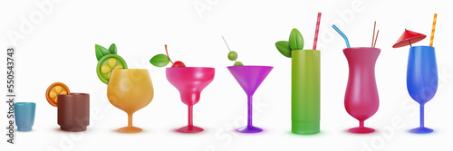 Set 3d realistic cocktail drinks for juice or alcohol. Collection vector object in modern minimal cartoon glossy style. Sweet colorful illustration elements isolated on white background.