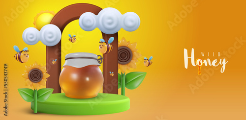 3d cartoon composition with honey jar, bee and sunflowers on green hill in vector realistic style. Funny plasticine or glossy clay design banner. Sweet colorful illustration on minimal background.