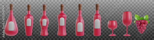 Set 3d realistic bottles for wine, or alcohol various shape with wine glass and grape in cartoon minimal style. Trendy design art elements isolated on transparent background. Vector illustration.