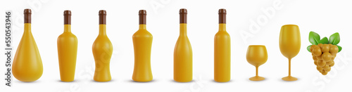 Set 3d realistic bottles for wine, or alcohol various shape with wineglass and grape in cartoon minimal style. Collection modern design art elements isolated on white background. Vector illustration.
