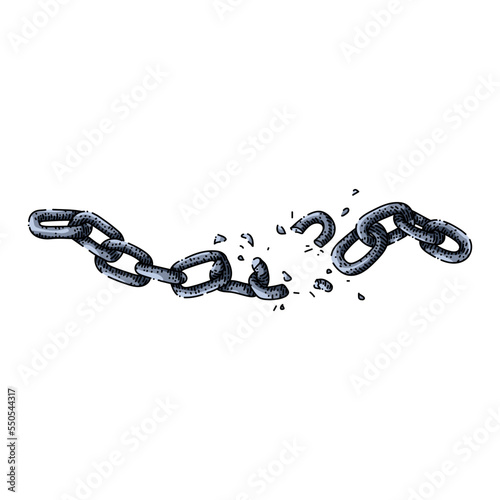broken chain hand drawn vector. link freedom, steel metal, separation connection, iron power, dividing strength, disconnect, weakness broken chain sketch. isolated color illustration