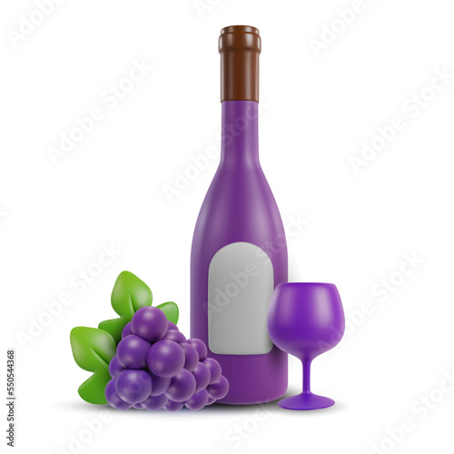 3d realistic composition with bottle, wine glass and grape. Vector object in modern minimal cartoon glossy style. Sweet colorful illustration isolated on white background.