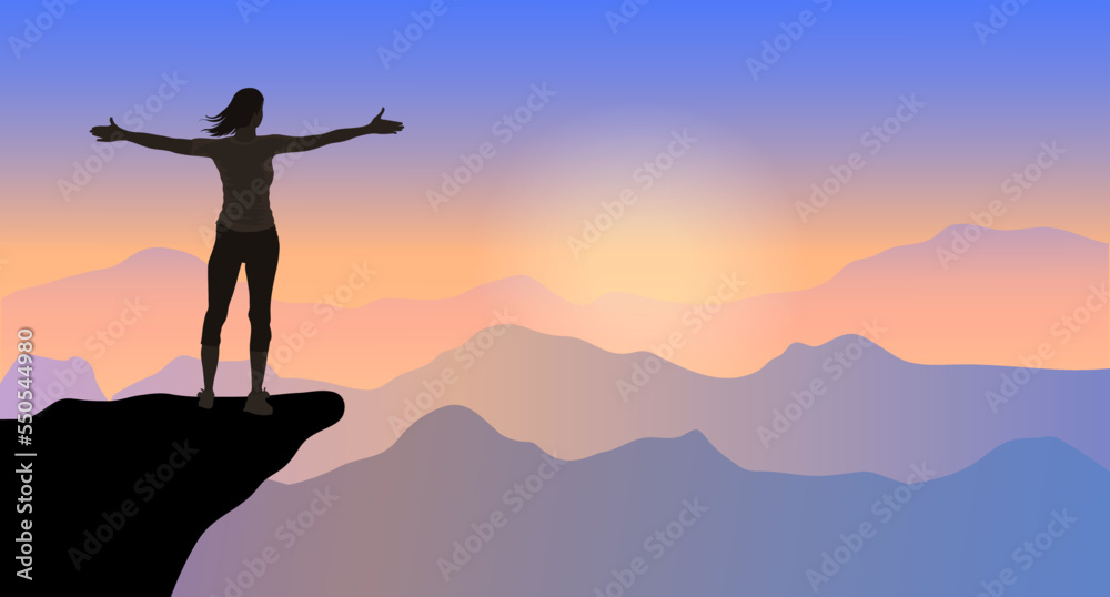 A young woman silhouette against sunset with arms up in sky feeling free and happy. Freedom, and joy concept