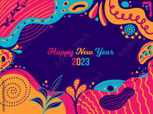 Happy New Year 2023 Background. January 1 celebration poster. Memphis style floral pink, orange and navy blue abstract design. Horizontal banner vector illustration. Doodle pattern concept graphic art