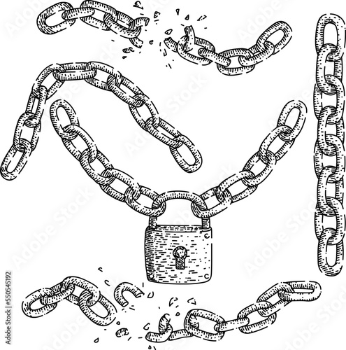 chain iron set hand drawn vector. metal steel, security silver, safety strength, protection metallic, secure industry, connection, stainless chain iron sketch. isolated color illustration