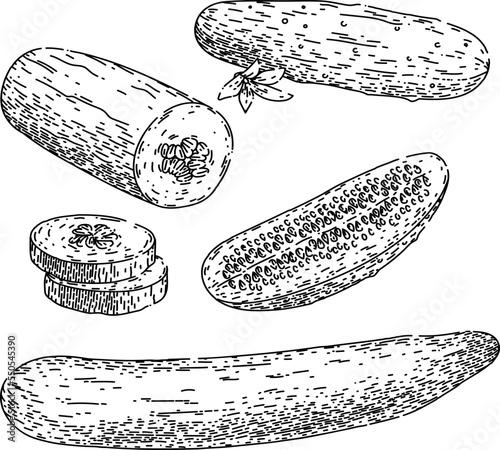 cucumber green set hand drawn vector. fresh slice, salad vegetable, cut plant, food chopped, harvest growing, single, die, healthy cucumber green sketch. isolated color illustration