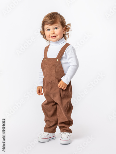 Caucasian cute curly-haired kid 2 years old on a white background in a brown jumpsuit and sneakers is standing half sideways and smiling.Copy space. Advertisement