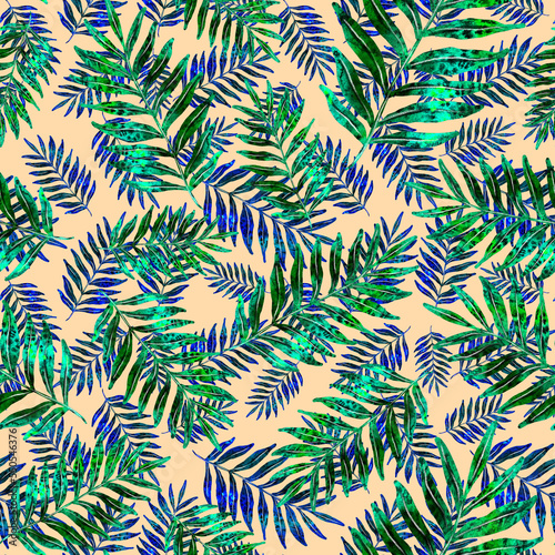 Watercolor seamless pattern with colorful abstract tropical leaves. Bright summer print with exotic plants. Creative trendy botanical textile design. 