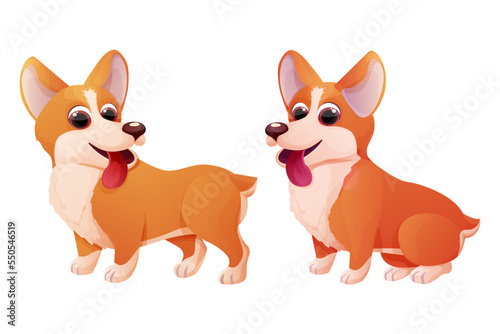 Set cute corgi dog, adorable pet in cartoon style isolated on white background. Comic emotional character, funny pose