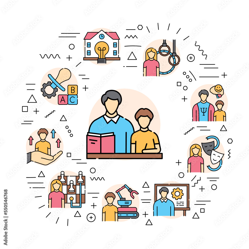Children learning web banner. Infographics with linear icons Children learning web banner. Infographics with linear icons