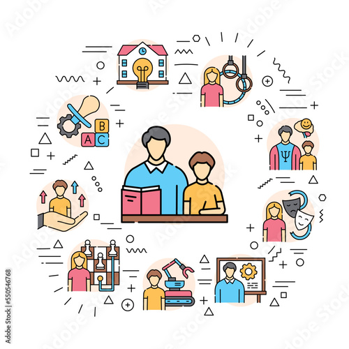 Children learning web banner. Infographics with linear icons