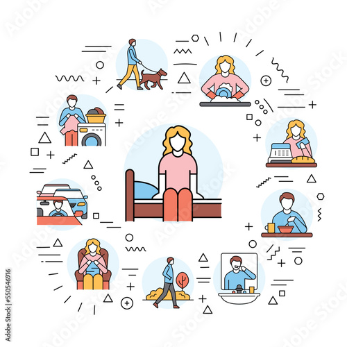 Everyday routine web banner. Infographics with linear icons