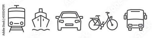 Transportation vector icon collection on white backround -  bus, car, bicycle, train and ferry