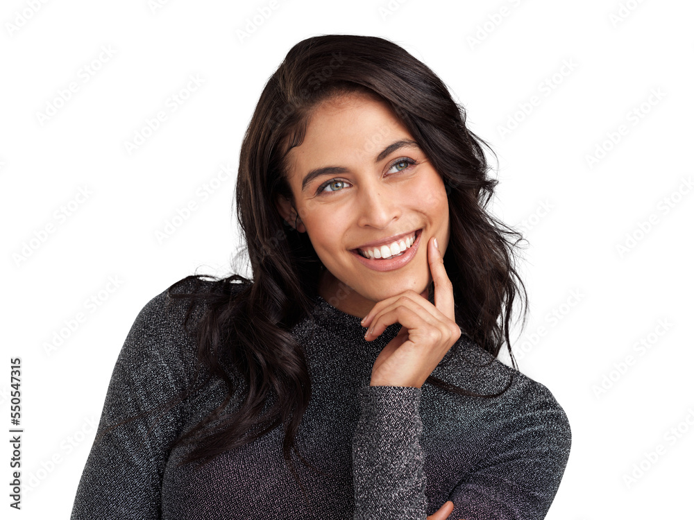 PNG Shot of a beautiful young woman looking thoughtful while standing against a white background PNG Shot of a beautiful young woman looking thoughtful while standing against a white background