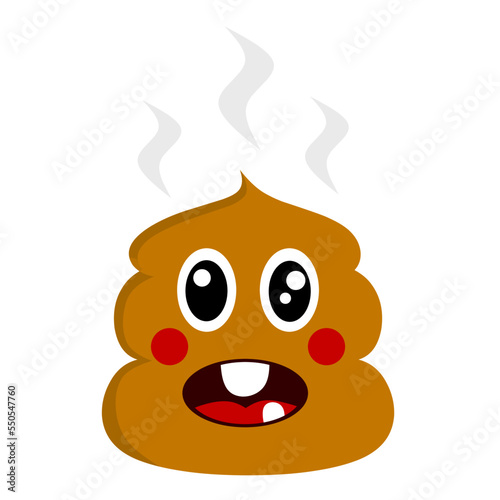 Poop cartoon face icon with eyes, mouth and teeth on white background. Pile of stinky poop emoji. Vector illustration