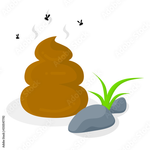 Smelly poop vector illustration with green grass and rocks. Isolated on a white background. Pile of yellow human feces.
