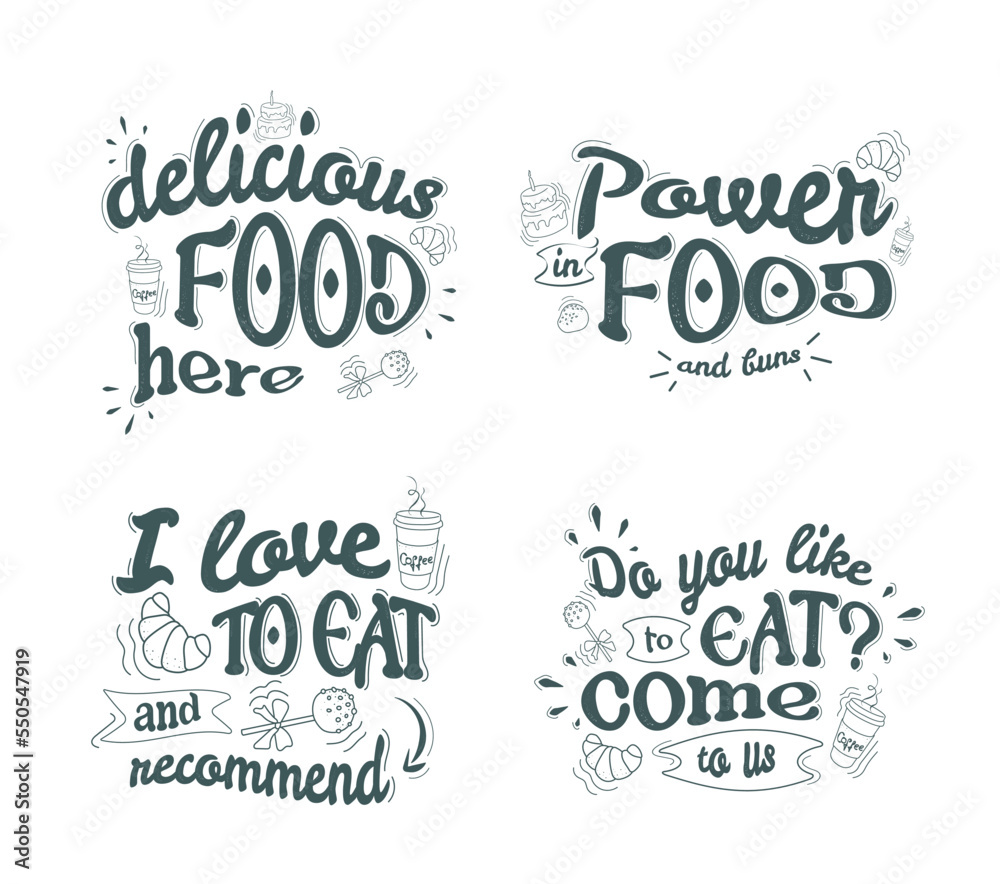 a set with inscriptions to decorate a cafe, restaurant, canteen here is delicious food. Lettering advertising on a banner, poster with a white background in dark letters.