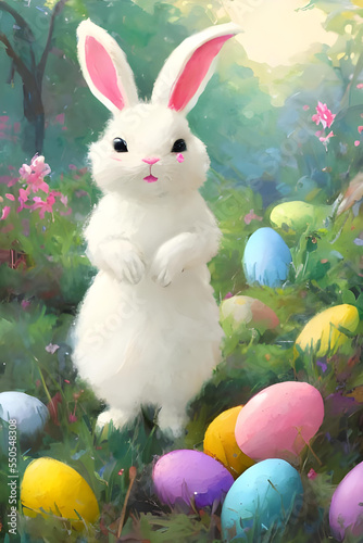 An Easter bunny in a beautiful  enchanted forest with Easter eggs among trees  flowers and grass. With sunlight between the leaves. Easter time - Generative AI