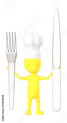3d yellow character   chef with a fork and knife