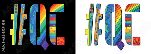 QC Hashtag. Unique colorful font. Multicolored bright isolate curves doodle letters. #QC is abbreviation for the Canadian Quebec. Set for social network, web resources, print, booklet, banner, flyer.