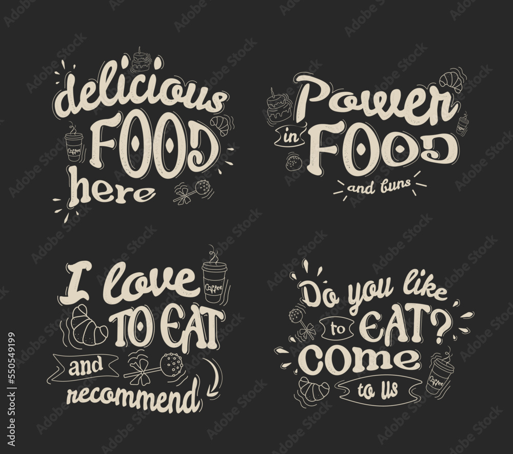 a set with inscriptions to decorate a cafe, restaurant, canteen here is delicious food. Lettering advertising on a banner, poster with a dark background in light letters. a set with inscriptions to decorate a cafe, restaurant, canteen here is delicious food. Lettering advertising on a banner, poster with a dark background in light letters.