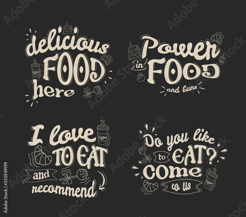 a set with inscriptions to decorate a cafe, restaurant, canteen here is delicious food. Lettering advertising on a banner, poster with a dark background in light letters.