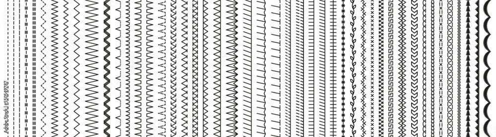 Overlock fabric stitches. Seamless. Sewing elements. Embroidery seams seamless pattern. Vector. Set of machine thread sew brushes. Line border isolated on white background. Graphic illustration.