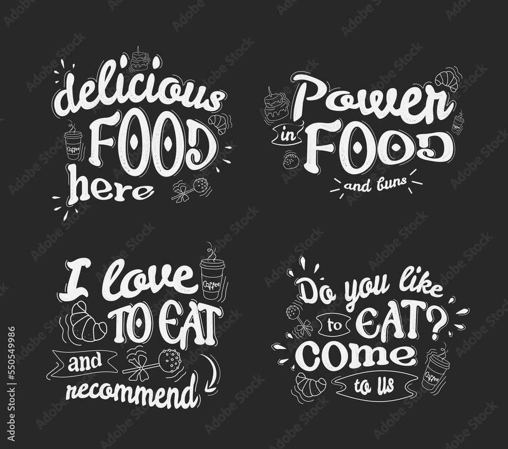 a set with inscriptions to decorate a cafe, restaurant, canteen here is delicious food. Lettering advertising on a banner, poster with a dark background in white letters.