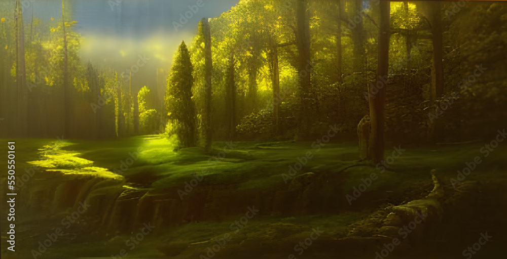 Dreamy landscape with sunset over castle ruins by a forest lake. Amazing 3D landscape. Digital illustration. CG Artwork Background
