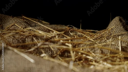 A macro shot of a manger with hay and burlap. photo