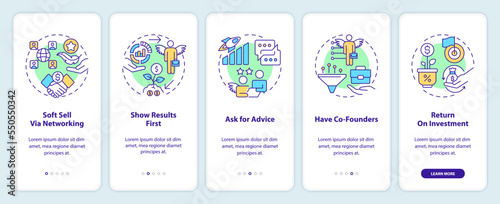 Ways to attract investors onboarding mobile app screen. Startup walkthrough 5 steps editable graphic instructions with linear concepts. UI, UX, GUI template. Myriad Pro-Bold, Regular fonts used