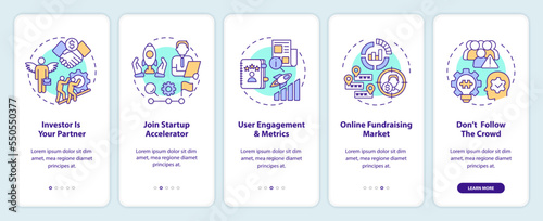 Ways to find investors onboarding mobile app screen. Small business walkthrough 5 steps editable graphic instructions with linear concepts. UI, UX, GUI template. Myriad Pro-Bold, Regular fonts used