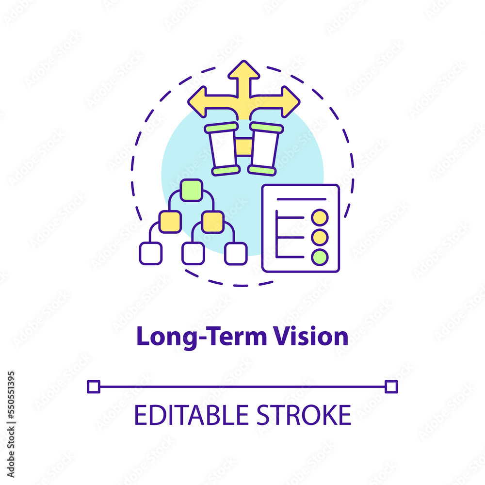 Long-term vision concept icon. Startup development strategy. Business plan. Ambitions abstract idea thin line illustration. Isolated outline drawing. Editable stroke. Arial, Myriad Pro-Bold fonts used Long-term vision concept icon. Startup development strategy. Business plan. Ambitions abstract idea thin line illustration. Isolated outline drawing. Editable stroke. Arial, Myriad Pro-Bold fonts used