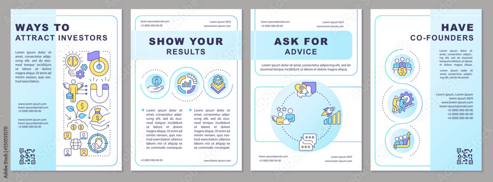 Ways to attract investors blue brochure template. Involve financing. Leaflet design with linear icons. Editable 4 vector layouts for presentation, annual reports. Arial, Myriad Pro-Regular fonts used