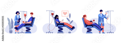 Character volunteers donating blood sitting in chairs in hospital. Set of blood donors in medicine laboratory with doctors. Vector illustration