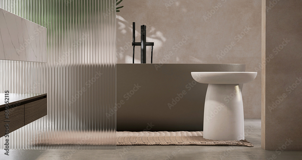 White round side table podium, brown bathtub, reeded glass partition in modern and luxury bathroom with sunlight and leaf shadow on concrete wall and cement floor for product display background - obrazy, fototapety, plakaty 