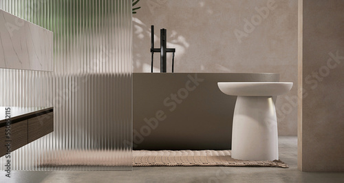White round side table podium, brown bathtub, reeded glass partition in modern and luxury bathroom with sunlight and leaf shadow on concrete wall and cement floor for product display background