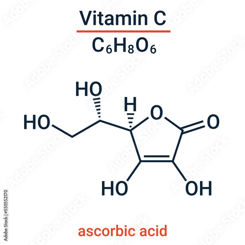 Vitamin C. Structural chemical formula. Vector illustration for scientific medical articles describing the arrangement and bond order of atoms in ascorbic acid.