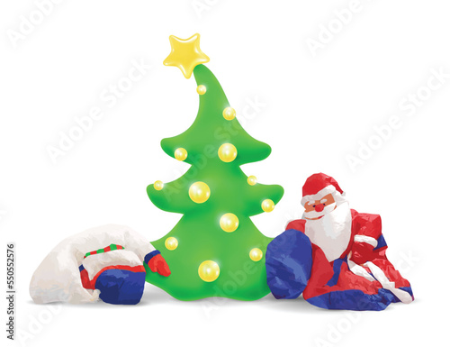 New Year's card with an inflatable Christmas tree, a star and golden balls, and with a deflated Santa Claus with a bag and a snowman. Tired or drunk characters lie under the tree. Holiday invitation