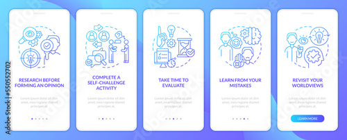 Minimizing confirmation bias tips blue gradient onboarding mobile app screen. Walkthrough 5 steps graphic instructions with linear concepts. UI, UX, GUI template. Myriad Pro-Bold, Regular fonts used photo