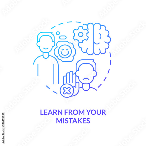 Learn from mistakes blue gradient concept icon. Emotional intelligence. Avoiding confirmation bias tip abstract idea thin line illustration. Isolated outline drawing. Myriad Pro-Bold font used