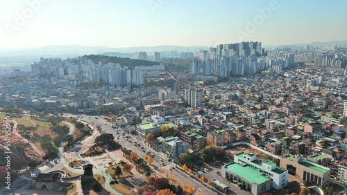 Suwon: Aerial view of city in South Korea in autumn colors, clear blue sky - landscape panorama of Eastern Asia from above