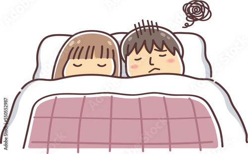 寝室が同室で男性側に不満がある様子の夫婦のイラスト