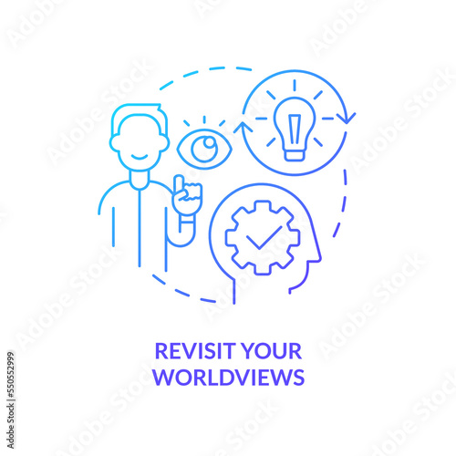 Revisit worldviews blue gradient concept icon. Changing mindset. Avoiding confirmatory bias tip abstract idea thin line illustration. Isolated outline drawing. Myriad Pro-Bold font used