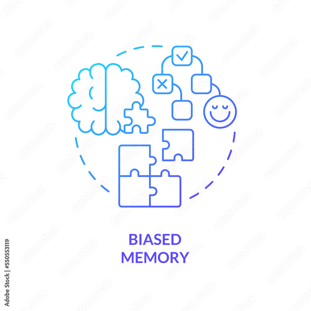 Biased memory blue gradient concept icon. Cognitive psychology. Common confirmatory prejudice abstract idea thin line illustration. Isolated outline drawing. Myriad Pro-Bold font used Biased memory blue gradient concept icon. Cognitive psychology. Common confirmatory prejudice abstract idea thin line illustration. Isolated outline drawing. Myriad Pro-Bold font used