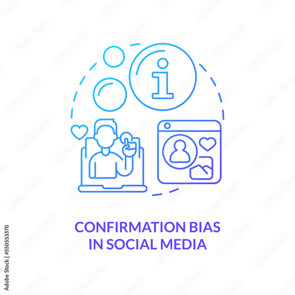 Confirmation bias in social media blue gradient concept icon. News literacy. Example of cognitive prejudice abstract idea thin line illustration. Isolated outline drawing. Myriad Pro-Bold font used
