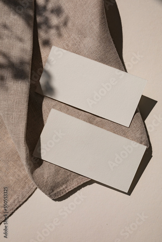 Business card mockups. Top view, flat lay minimalist aesthetic brand template.